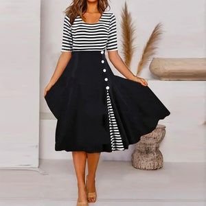 Cool Short Sleeve Striped Midi Dress